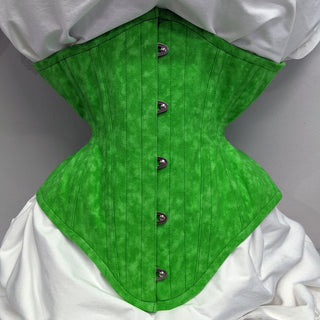 A Bad Button bespoke corset design by Alisha Martin featuring bright acid green fabric