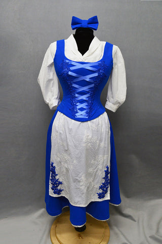 A Bad Button bespoke corset design by Alisha Martin featuring a blue corset and white dress ensemble in the style of Belle from Beauty and the Beast