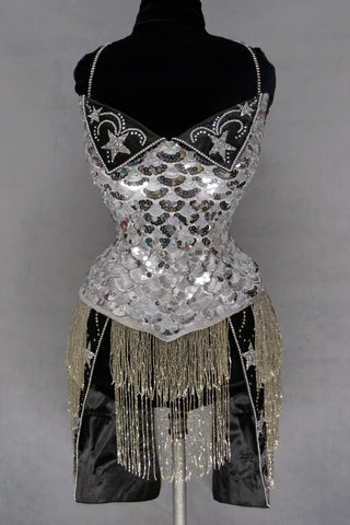 A Bad Button bespoke corset design by Alisha Martin featuring a heavily sequined bodice replicating what Satine weas in Moulin Rouge.