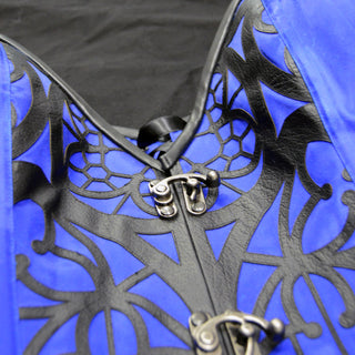 A Bad Button bespoke corset design by Alisha Martin featuring a bright blue base, silver hinge details and black details in the style of cathedral windows