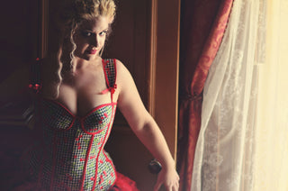 A Bad Button bespoke corset design by Alisha Martin featuring cherries on a gingham background