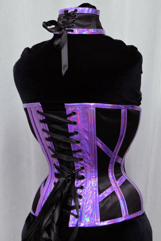 A Bad Button bespoke corset design by Alisha Martin featuring black and purple holographic detailing and matching accessory 