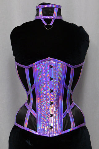 A Bad Button bespoke corset design by Alisha Martin featuring black and purple holographic detailing and matching accessory 