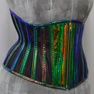 A Bad Button custom corset design by Alisha Martin featuring black panelling and a rainbow iridescent scale material  scale