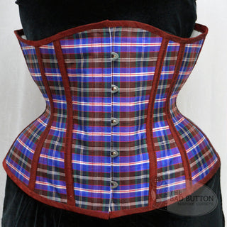 A Bad Button custom corset design by Alisha Martin featuring a blue and red plaid