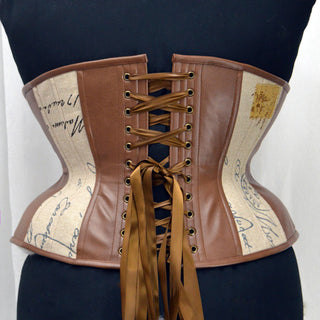 A Bad Button custom corset design by Alisha Martin featuring a steampunk style fabric and leather details