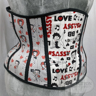 A Bad Button custom corset design by Alisha Martin featuring printed fabric of Betty Boop