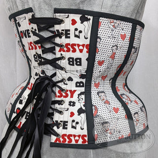 A Bad Button custom corset design by Alisha Martin featuring printed fabric of Betty Boop