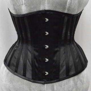 A Bad Button custom corset design by Alisha Martin featuring sheer and opaque black panelling