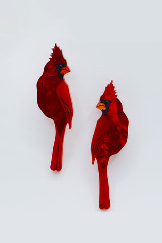 The Bad Button earrings in the Completely Cardinals variation feature two crimson cardinals